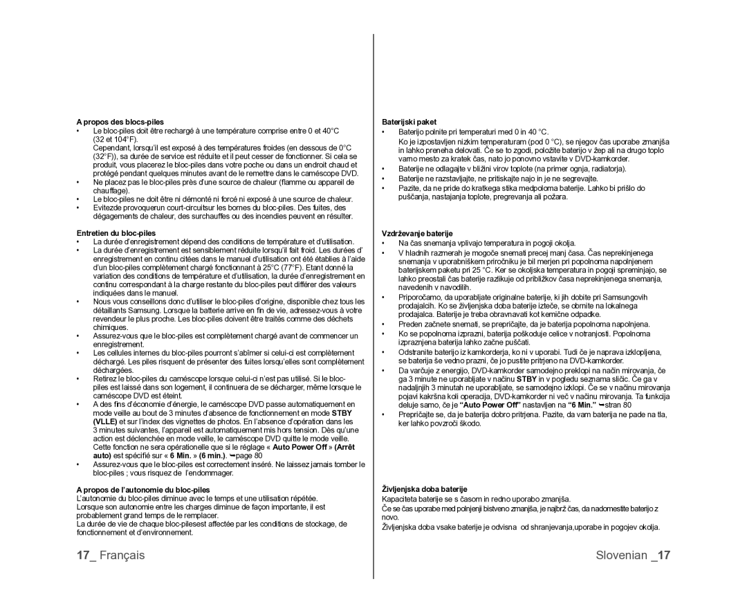 Samsung VP-DX100/XEF, VP-DX105/XEF Propos des blocs-piles, Entretien du bloc-piles, Propos de l’autonomie du bloc-piles 