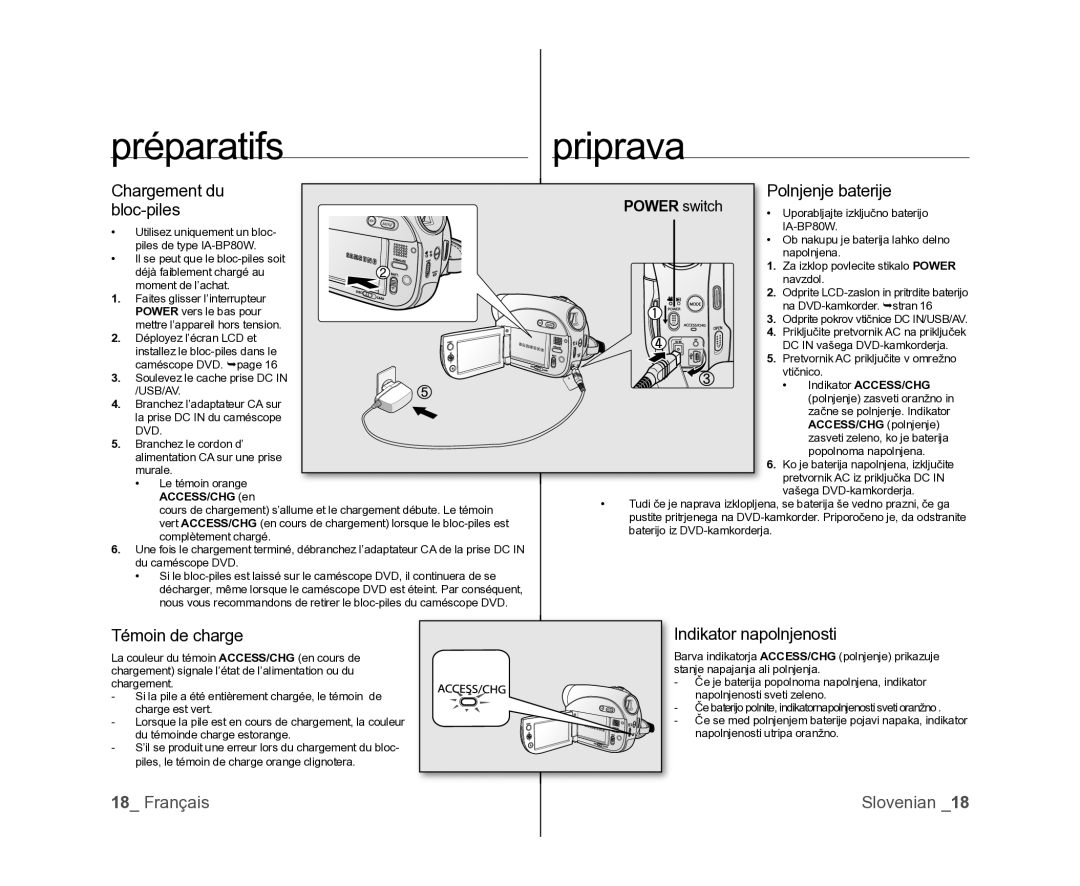 Samsung VP-DX105/XEF, VP-MX25E/EDC manual Chargement du, Bloc-piles, Témoin de charge, Indikator napolnjenosti, Power switch 