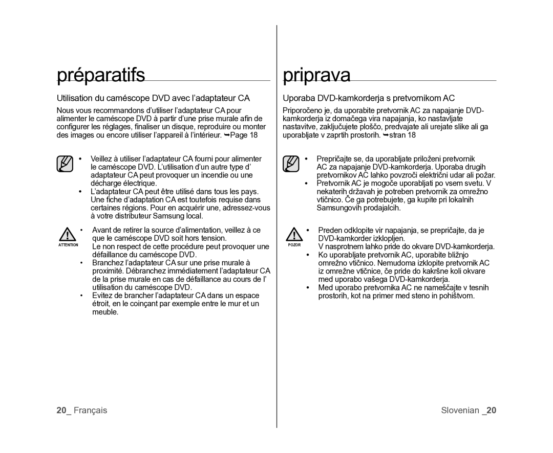 Samsung VP-DX100/XEF manual Utilisation du caméscope DVD avec l’adaptateur CA, Uporaba DVD-kamkorderja s pretvornikom AC 