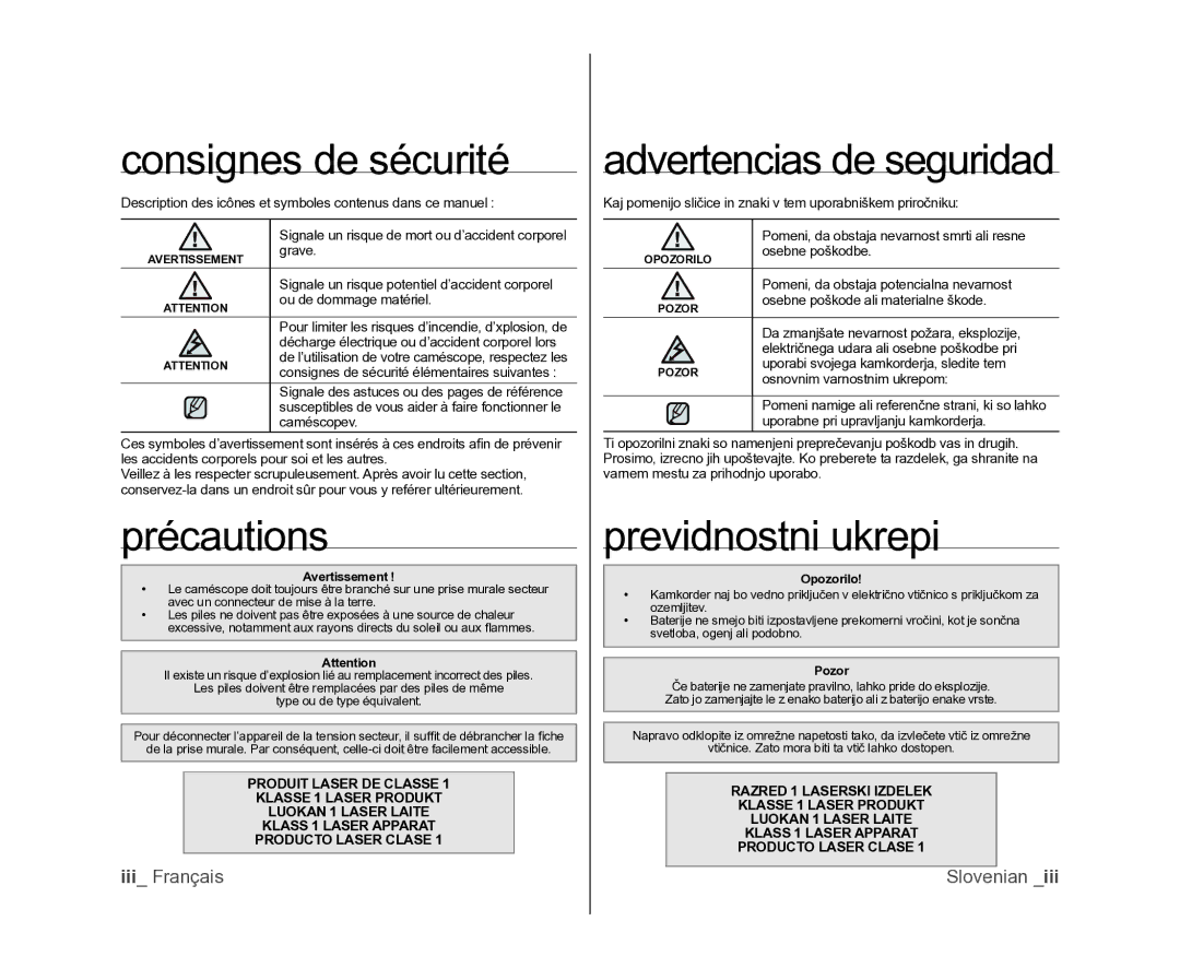 Samsung VP-DX105/XEF, VP-MX25E/EDC manual Consignes de sécurité, Précautions, Advertencias de seguridad, Previdnostni ukrepi 