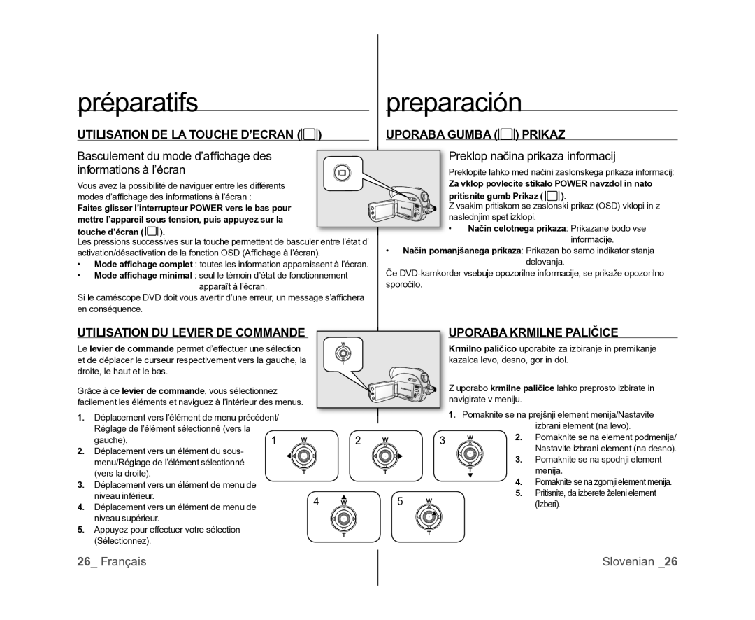 Samsung VP-DX100/XEF, VP-DX105/XEF manual Preparación, Utilisation DE LA Touche D’ECRAN, Utilisation DU Levier DE Commande 