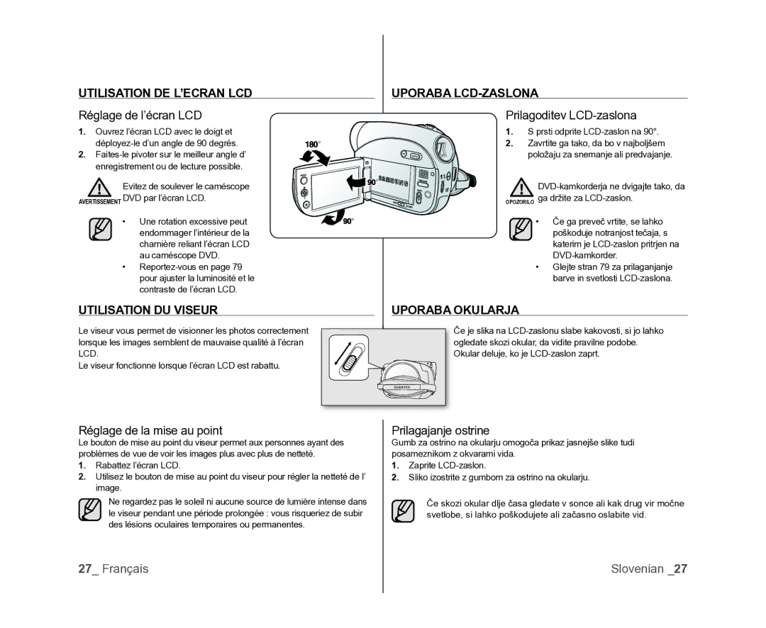 Samsung VP-DX105/XEF, VP-MX25E/EDC Utilisation DE L’ECRAN LCD, Utilisation DU Viseur Uporaba LCD-ZASLONA, Uporaba Okularja 