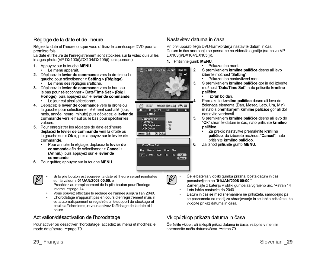 Samsung VP-DX100/XEF Réglage de la date et de l’heure Nastavitev datuma in časa, Activation/désactivation de l’horodatage 