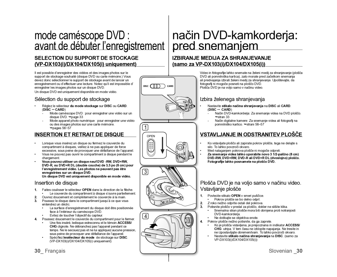 Samsung VP-DX105/XEF manual Mode caméscope DVD Način DVD-kamkorderja, Pred snemanjem, Insertion ET Retrait DE Disque 