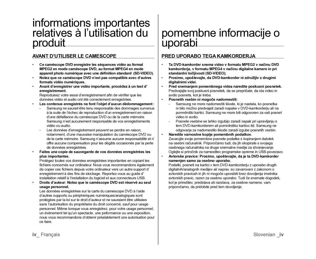 Samsung VP-MX25E/EDC manual Pomembne informacije o uporabi, Avant D’UTILISER LE Camescope, Pred Uporabo Tega Kamkorderja 