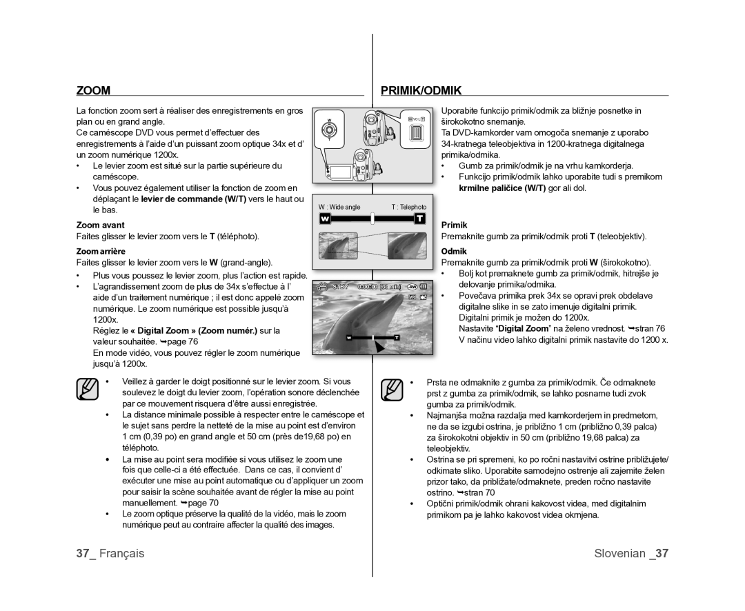 Samsung VP-MX25E/EDC, VP-DX105/XEF, VP-DX100/XEF manual Zoom PRIMIK/ODMIK, Zoom avant, Zoom arrière, Primik, Odmik 