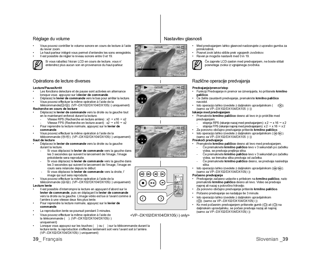 Samsung VP-DX105/XEF, VP-MX25E/EDC manual Réglage du volume, Opérations de lecture diverses, Različne operacije predvajanja 