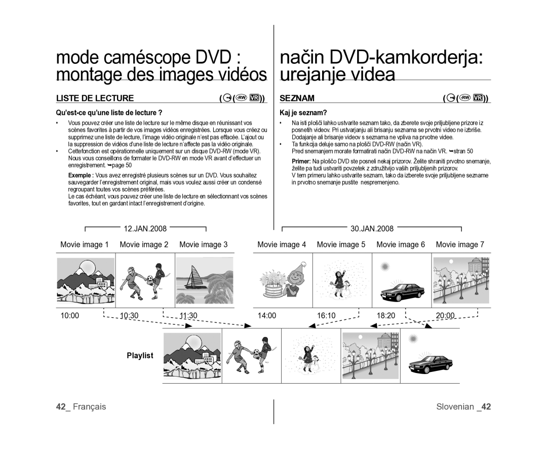 Samsung VP-DX105/XEF, VP-MX25E/EDC manual Liste DE Lecture Seznam, Qu’est-ce qu’une liste de lecture ?, Kaj je seznam? 