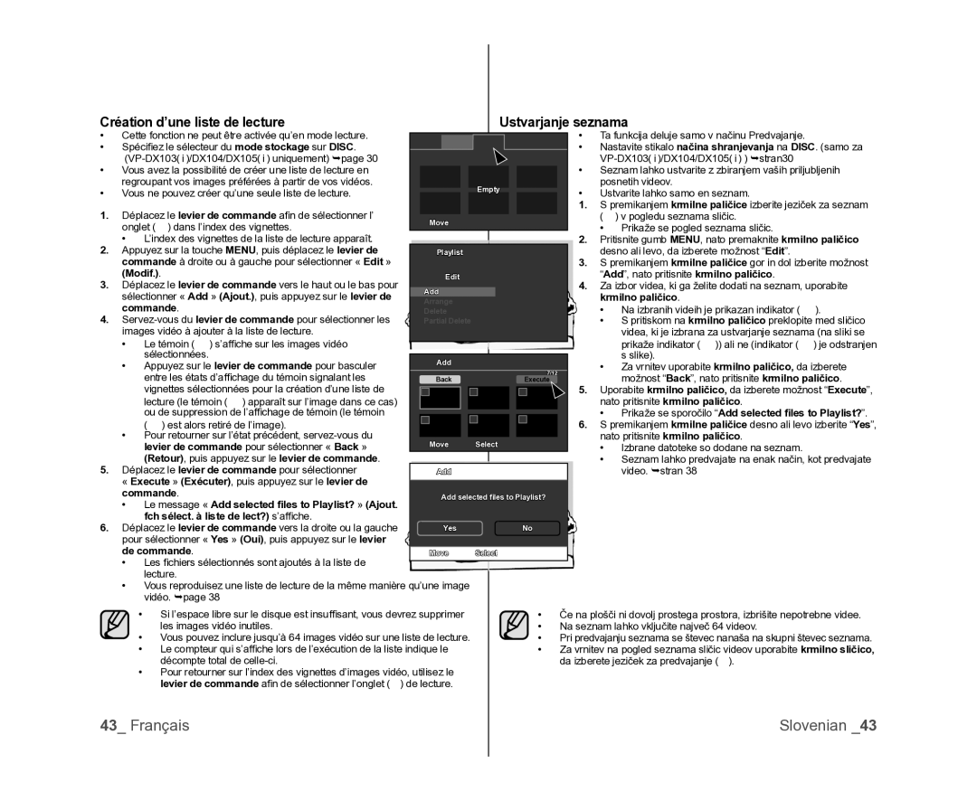 Samsung VP-MX25E/EDC, VP-DX105/XEF, VP-DX100/XEF manual Création d’une liste de lecture Ustvarjanje seznama 