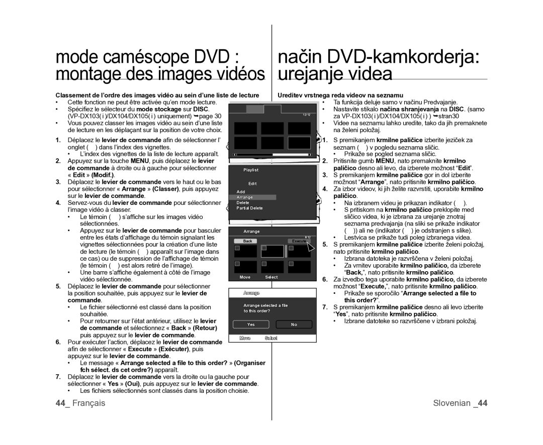 Samsung VP-DX100/XEF, VP-DX105/XEF manual Mode caméscope DVD, Urejanje videa, De commande et sélectionnez « Back » Retour 