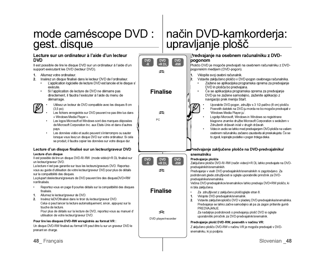 Samsung VP-DX105/XEF, VP-MX25E/EDC manual Gest. disque Upravljanje plošč, Lecture sur un ordinateur à l’aide d’un lecteur 