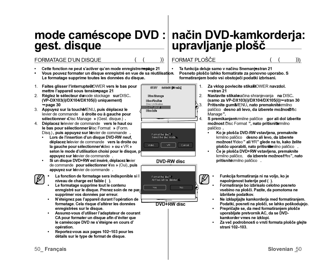 Samsung VP-DX100/XEF, VP-DX105/XEF, VP-MX25E/EDC manual Formatage D’UN Disque +RW Format Plošče, +Rw, DVD+RW disc 