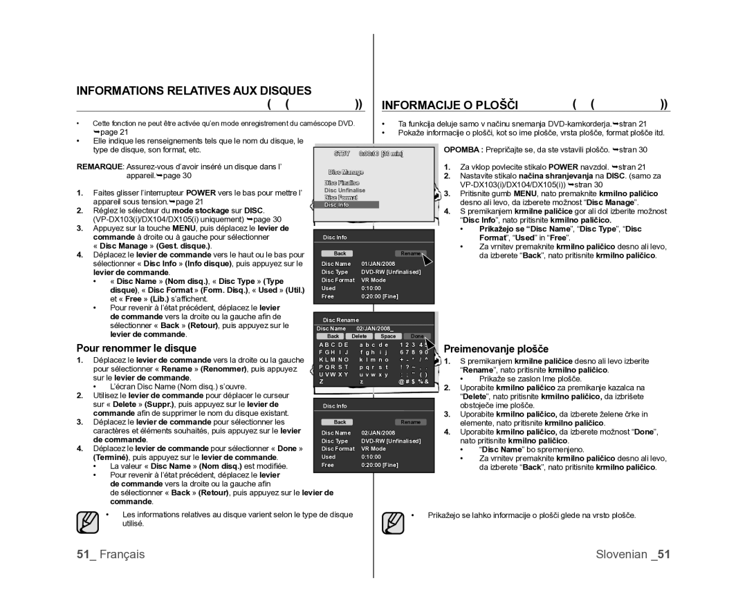 Samsung VP-DX105/XEF, VP-MX25E/EDC manual Informations Relatives AUX Disques Informacije O Plošči, Pour renommer le disque 