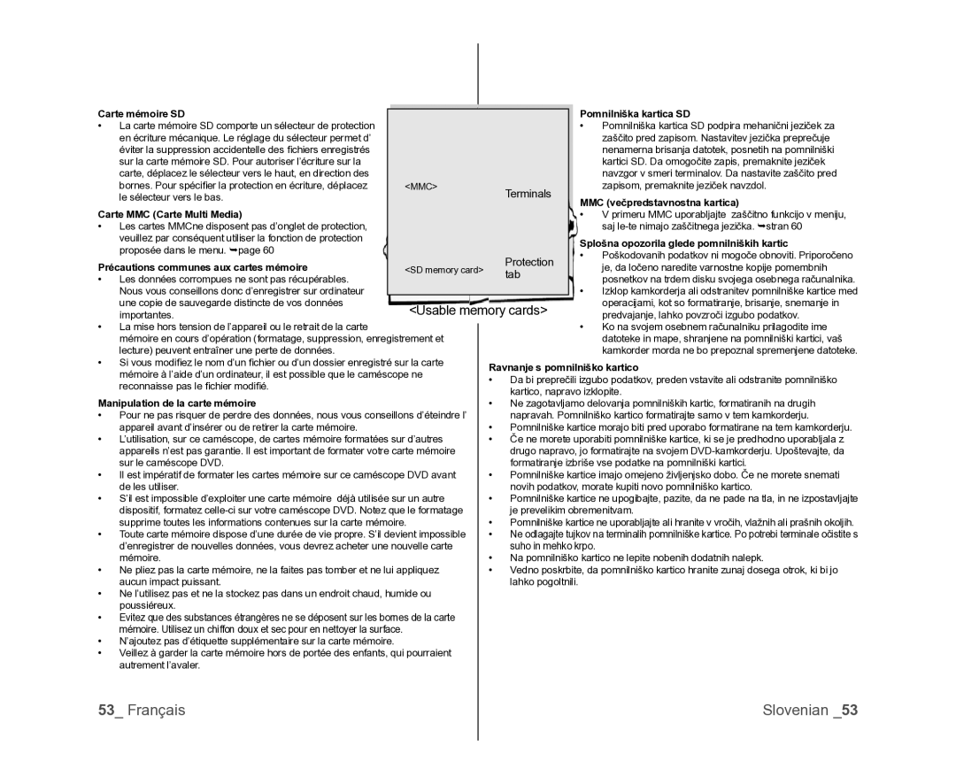 Samsung VP-DX100/XEF, VP-DX105/XEF, VP-MX25E/EDC manual Usable memory cards 