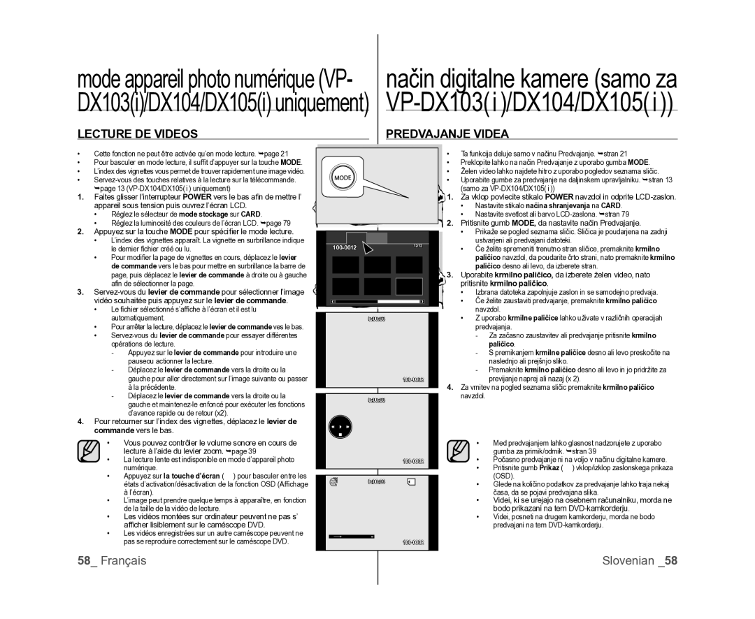 Samsung VP-MX25E/EDC, VP-DX105/XEF, VP-DX100/XEF manual Nastavite stikalo načina shranjevanja na Card 