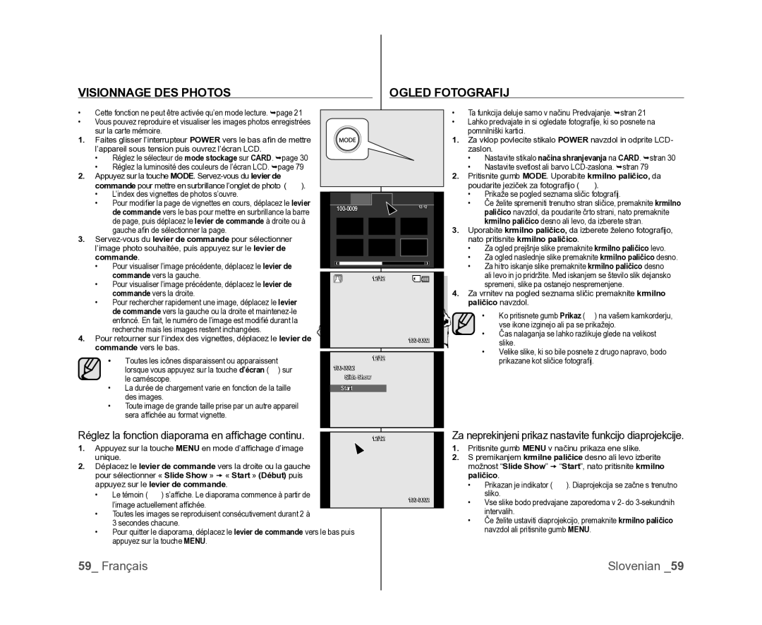 Samsung VP-DX100/XEF manual Visionnage DES Photos Ogled Fotografij, Réglez la fonction diaporama en afﬁ chage continu 