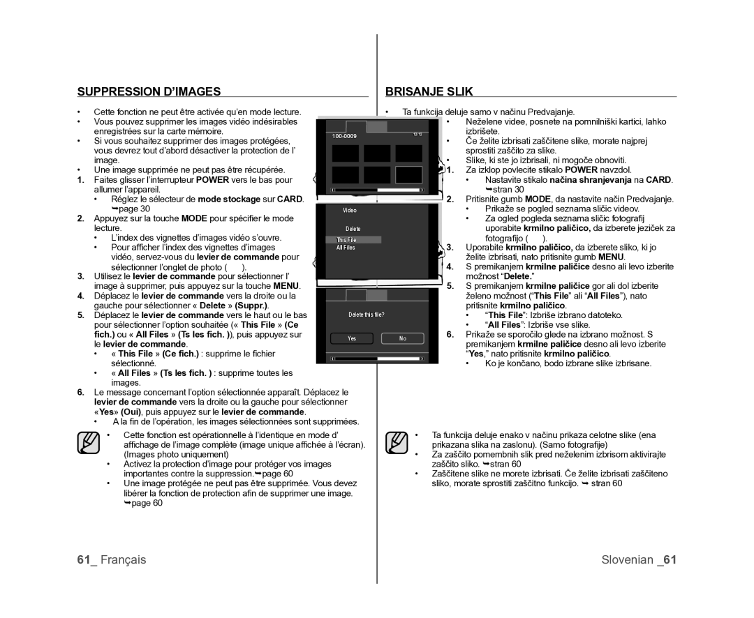 Samsung VP-MX25E/EDC manual Suppression D’IMAGES Brisanje Slik, ﬁch. ou « All Files » Ts les ﬁch. , puis appuyez sur 