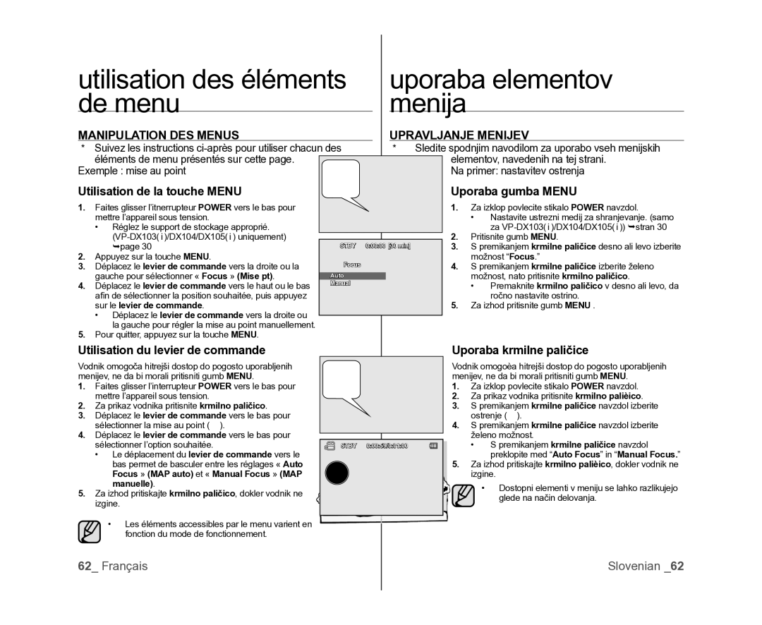 Samsung VP-DX100/XEF Utilisation des éléments Uporaba elementov De menu Menija, Manipulation DES Menus Upravljanje Menijev 