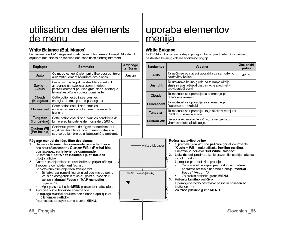 Samsung VP-DX105/XEF, VP-MX25E/EDC, VP-DX100/XEF manual White Balance Bal. blancs 