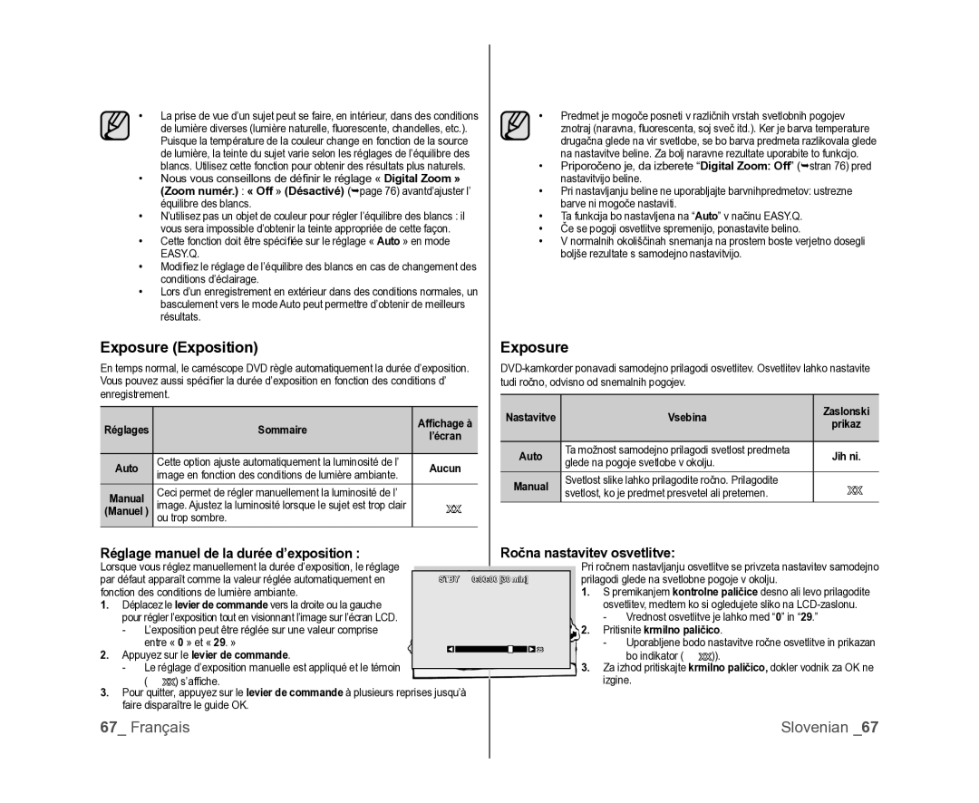 Samsung VP-MX25E/EDC, VP-DX105/XEF, VP-DX100/XEF manual Exposure Exposition 