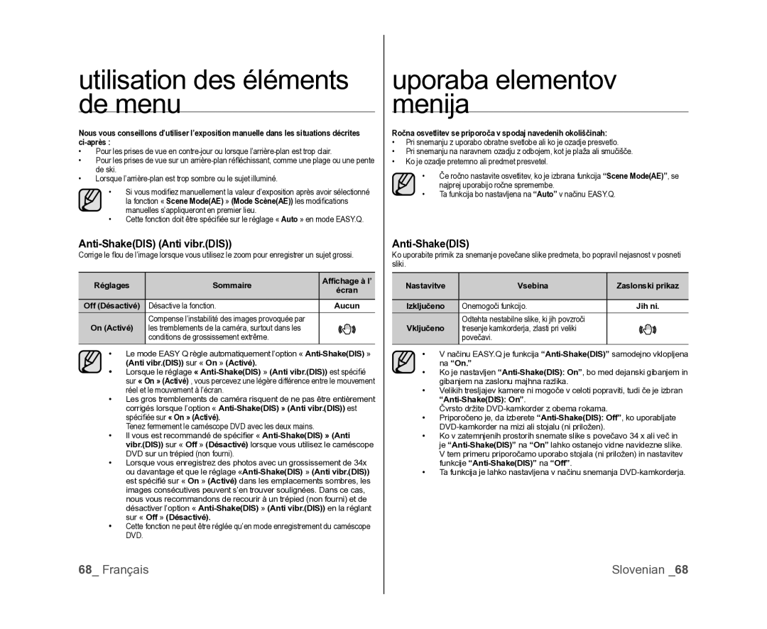 Samsung VP-DX100/XEF manual Anti-ShakeDIS Anti vibr.DIS, Conditions de grossissement extrême, Onemogoči funkcijo Jih ni 