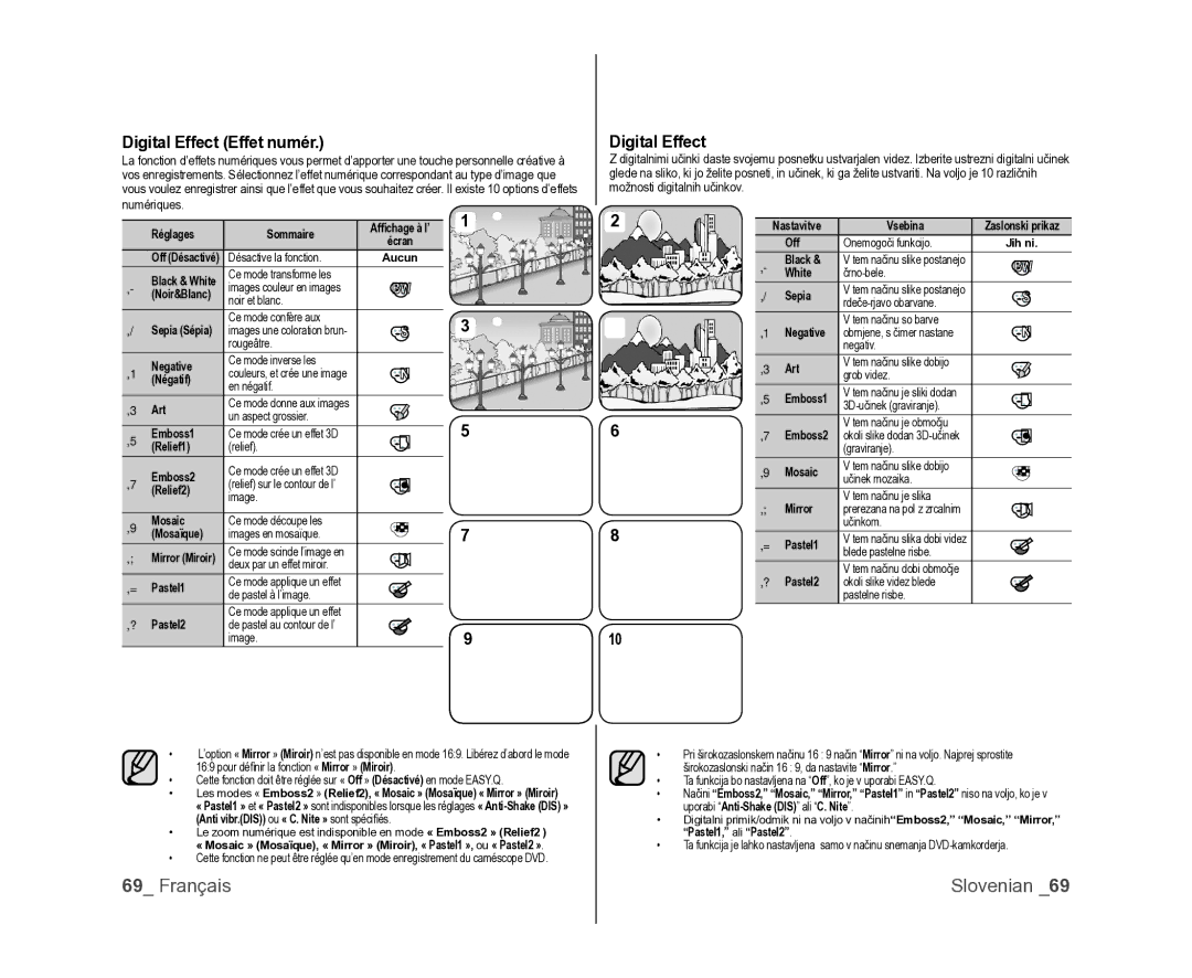 Samsung VP-DX105/XEF, VP-MX25E/EDC, VP-DX100/XEF manual Digital Effect Effet numér 