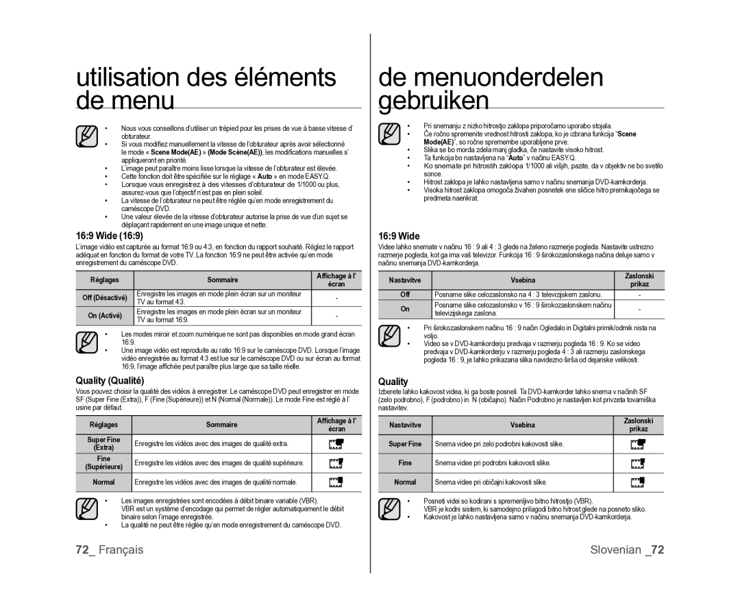 Samsung VP-DX105/XEF, VP-MX25E/EDC, VP-DX100/XEF manual Wide, Quality Qualité 