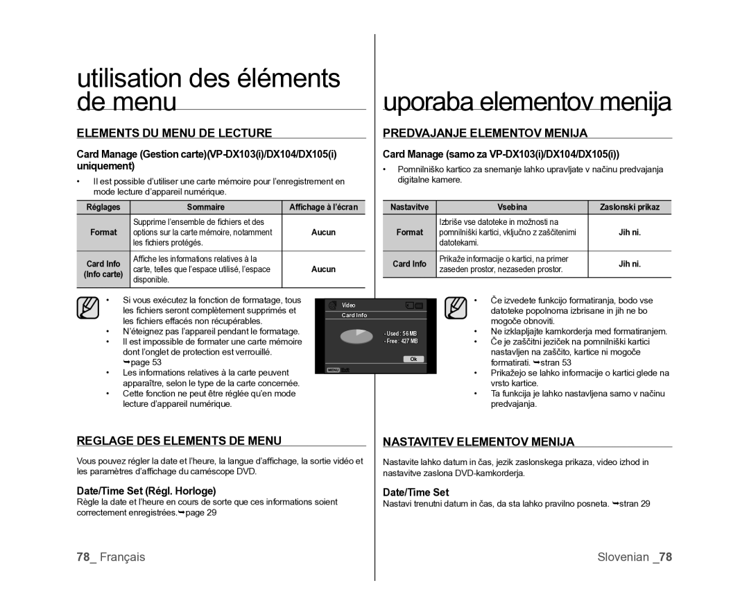 Samsung VP-DX105/XEF, VP-MX25E/EDC Elements DU Menu DE Lecture, Predvajanje Elementov Menija, Reglage DES Elements DE Menu 