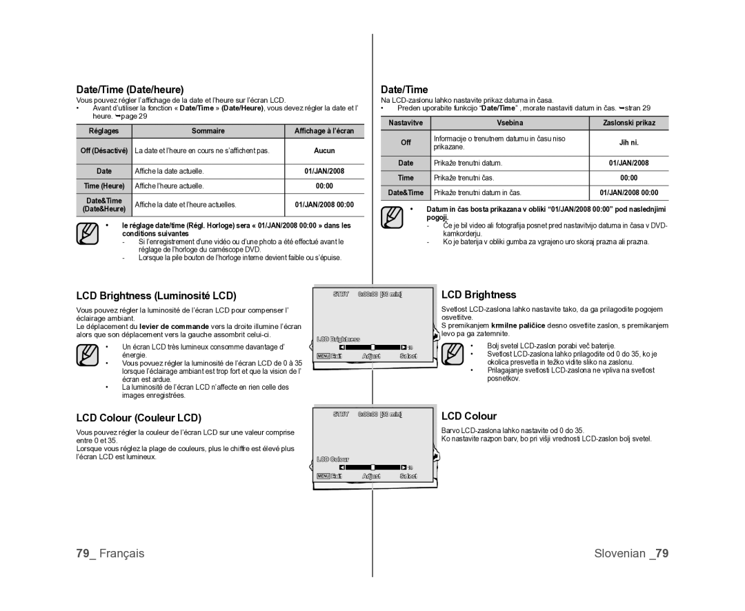 Samsung VP-MX25E/EDC, VP-DX105/XEF manual Date/Time Date/heure, LCD Brightness Luminosité LCD, LCD Colour Couleur LCD 