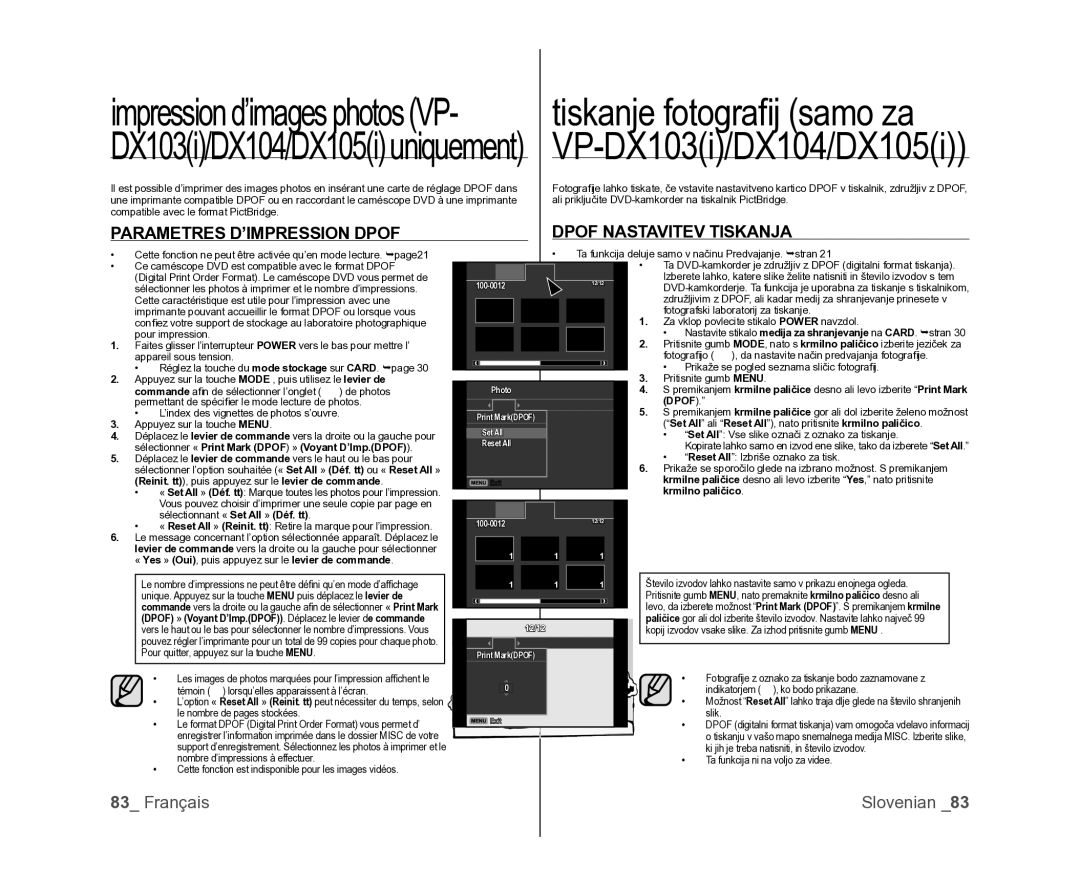 Samsung VP-DX100/XEF, VP-DX105/XEF, VP-MX25E/EDC manual Parametres D’IMPRESSION Dpof Dpof Nastavitev Tiskanja 