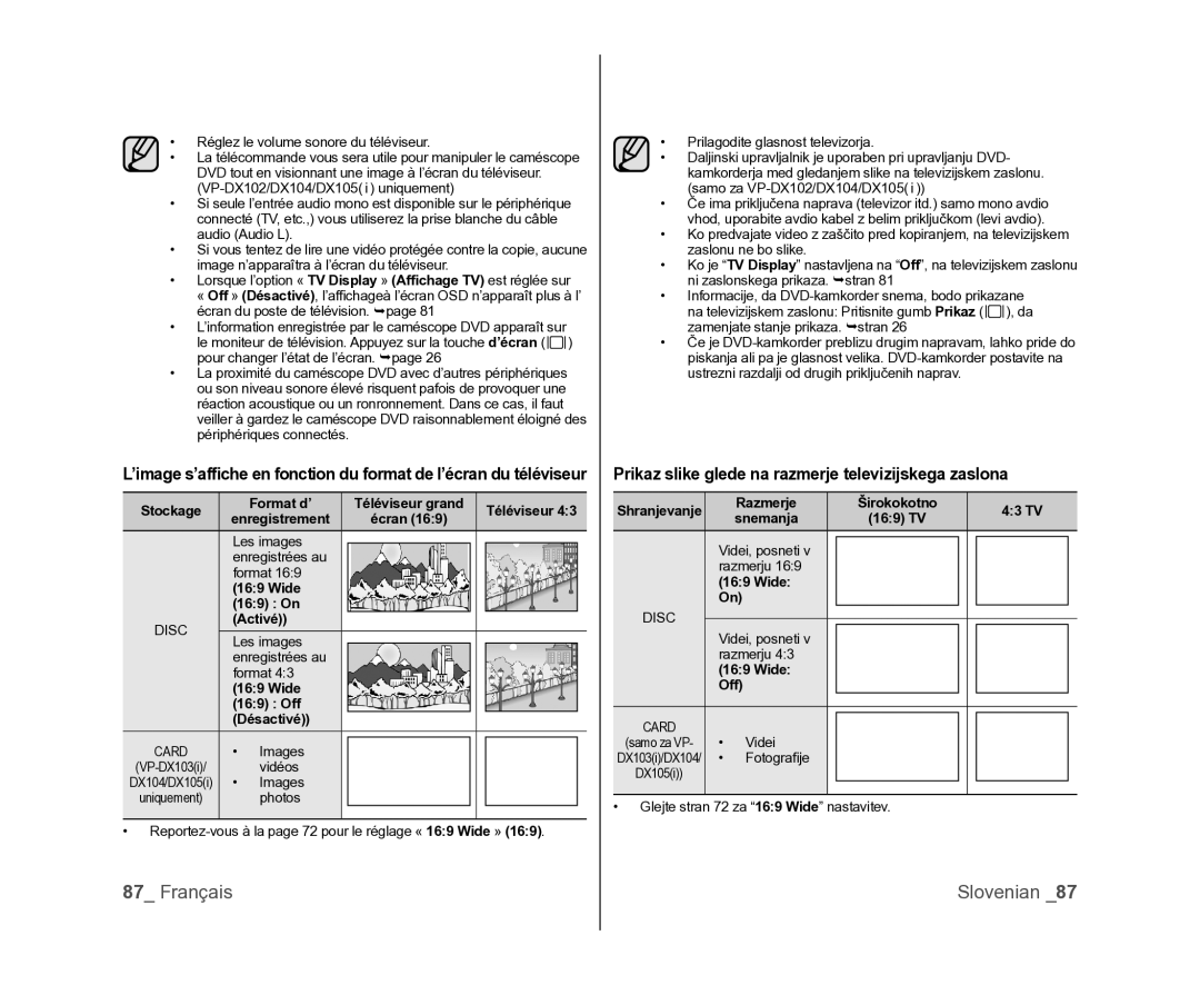 Samsung VP-DX105/XEF, VP-MX25E/EDC, VP-DX100/XEF manual Prikaz slike glede na razmerje televizijskega zaslona 