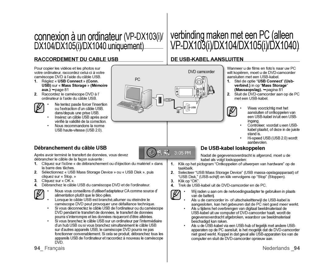 Samsung VP-MX25E/EDC manual Raccordement DU Cable USB, Débranchement du câble USB, DE USB-KABEL Aansluiten, DVD camcorder 