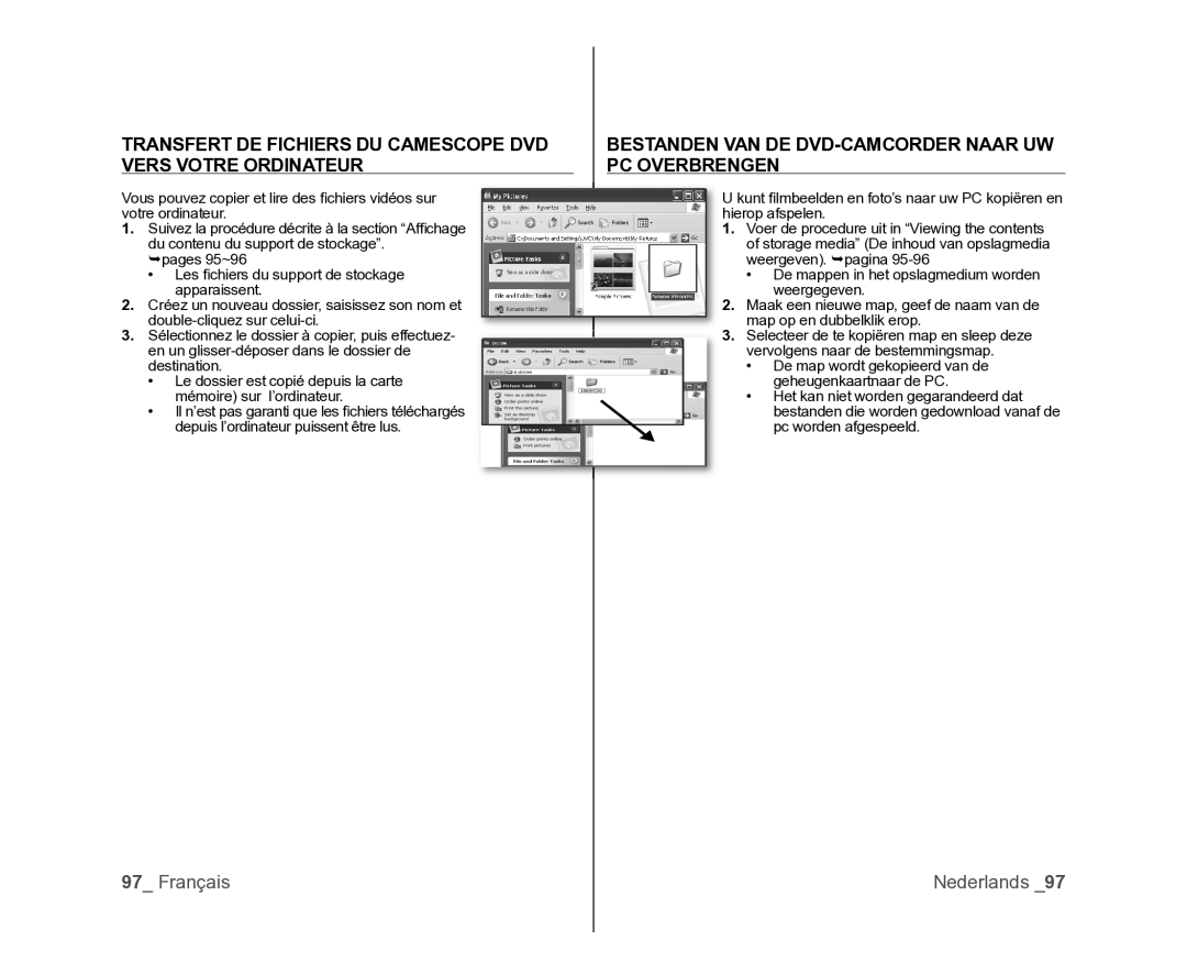 Samsung VP-MX25E/EDC, VP-DX105/XEF, VP-DX100/XEF manual Transfert DE Fichiers DU Camescope DVD Vers Votre Ordinateur 