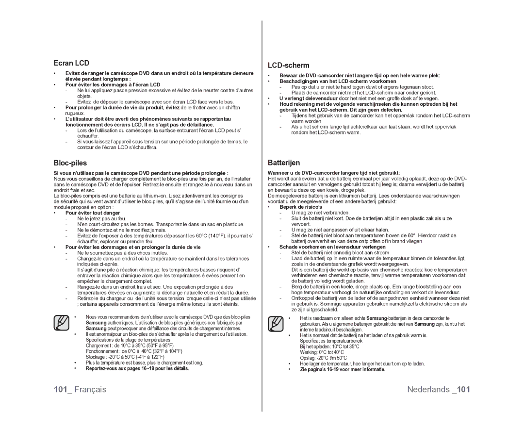 Samsung VP-DX100/XEF, VP-DX105/XEF, VP-MX25E/EDC manual Ecran LCD, LCD-scherm 