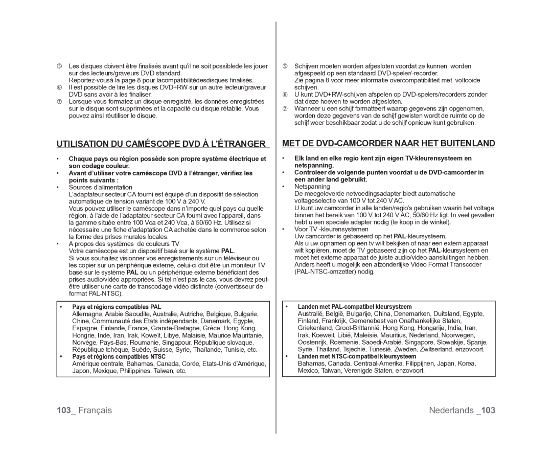 Samsung VP-MX25E/EDC, VP-DX105/XEF Utilisation DU Caméscope DVD À L’ÉTRANGER, MET DE DVD-CAMCORDER Naar HET Buitenland 
