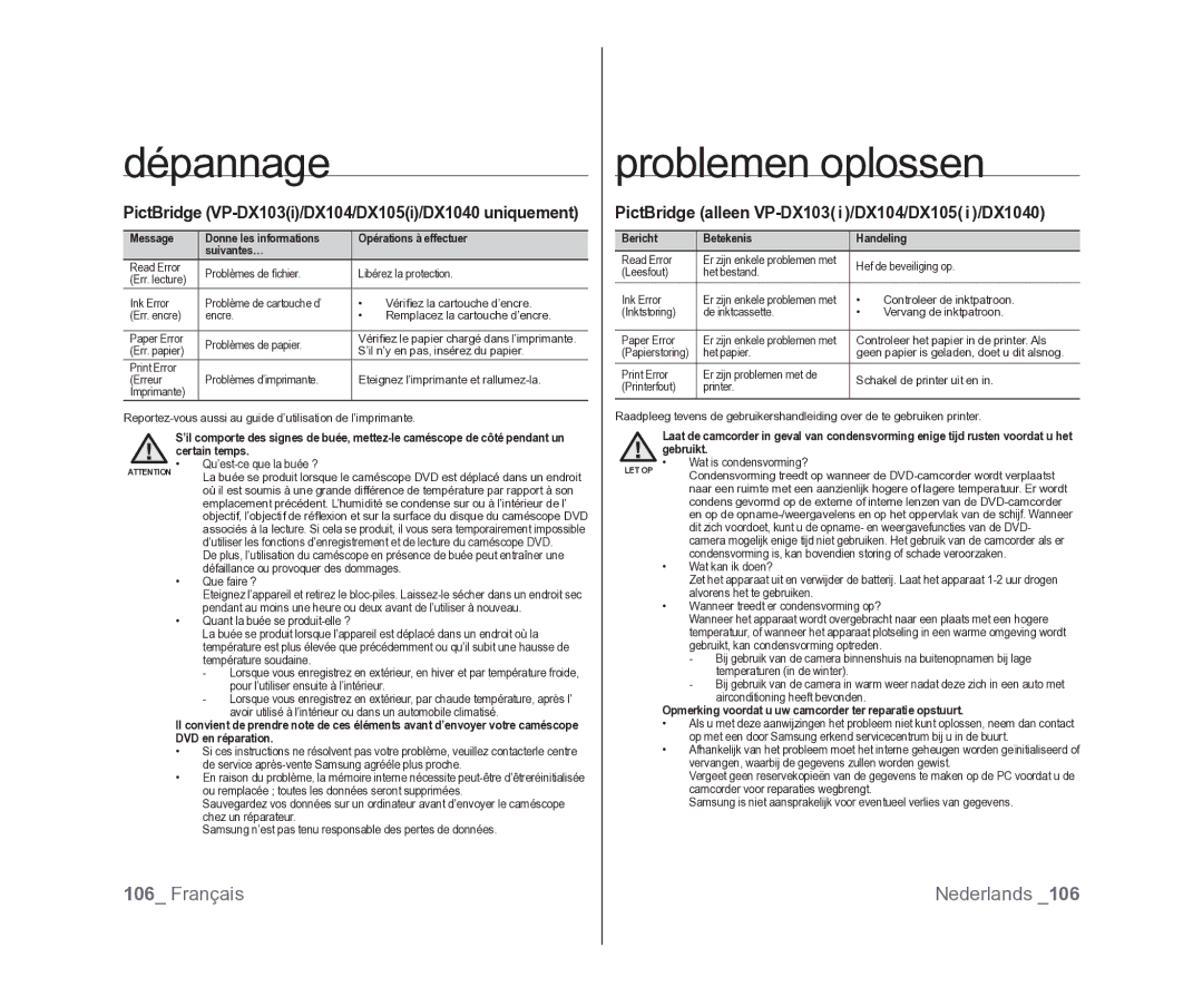 Samsung VP-MX25E/EDC, VP-DX105/XEF manual PictBridge VP-DX103i/DX104/DX105i/DX1040 uniquement, Bericht Betekenis Handeling 