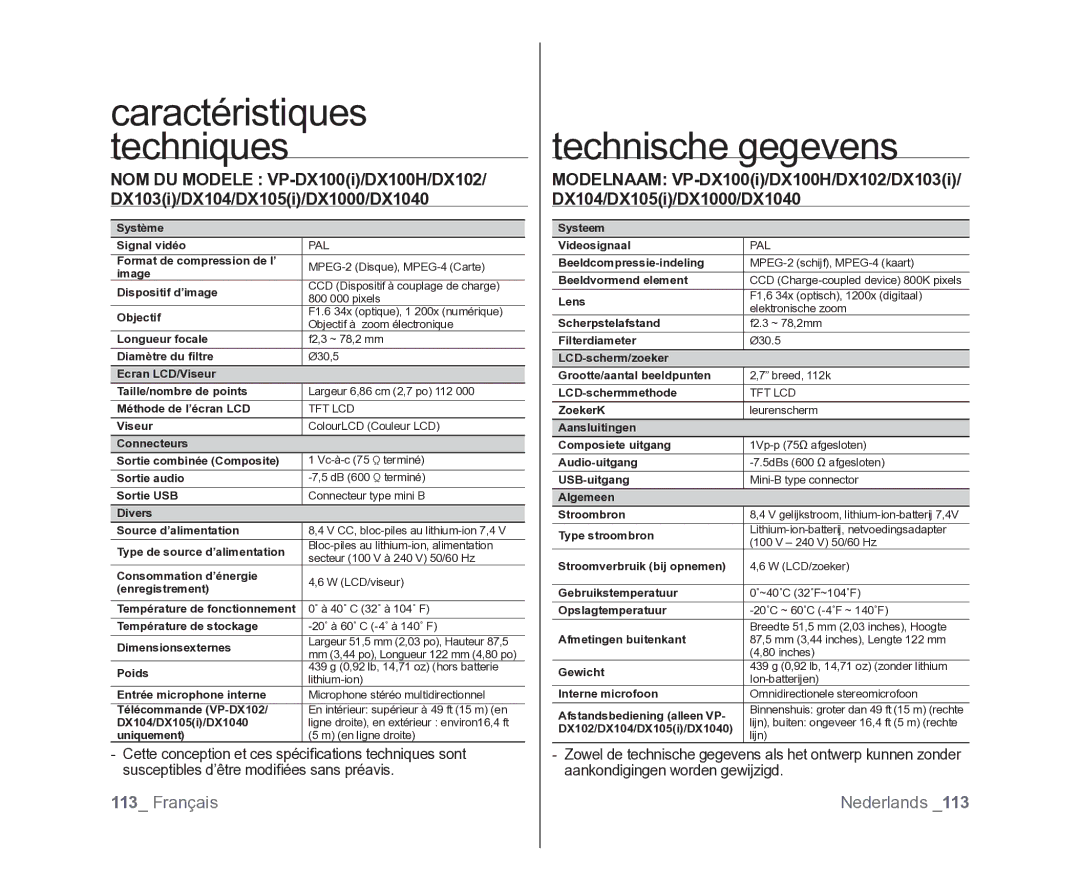 Samsung VP-DX100/XEF, VP-DX105/XEF, VP-MX25E/EDC manual Technische gegevens 