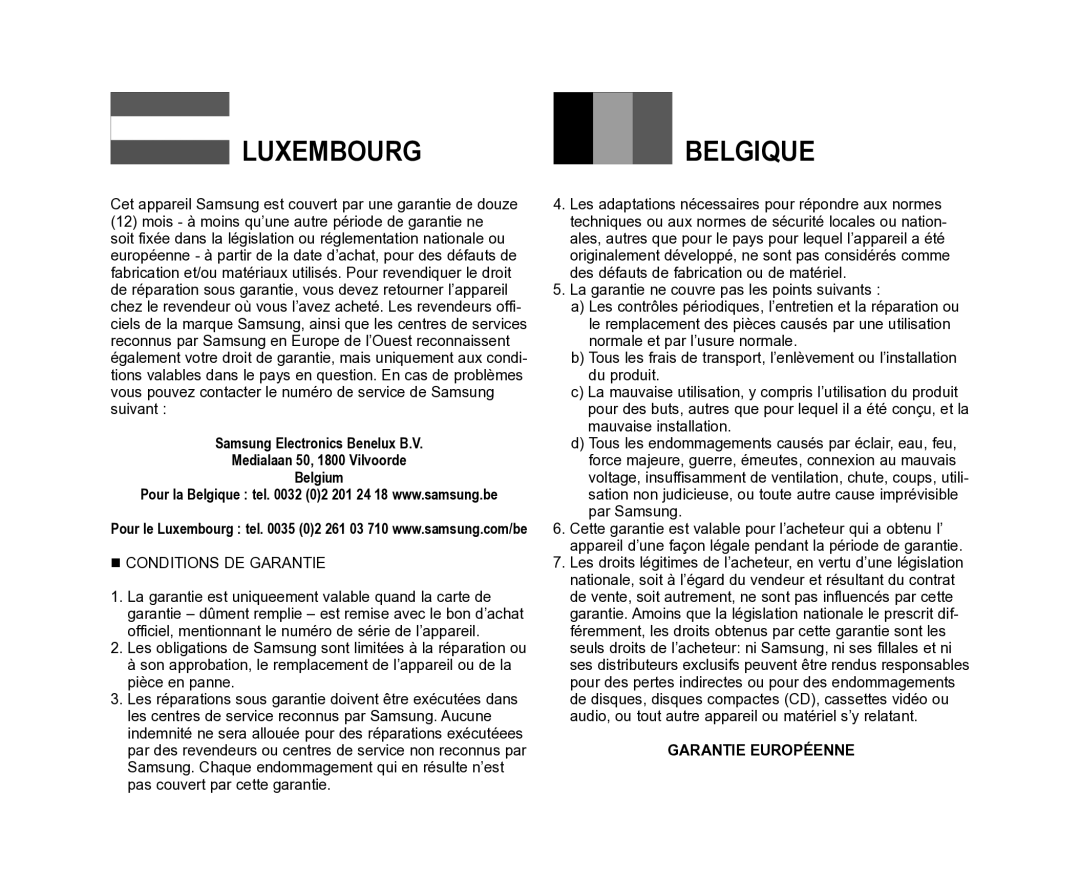 Samsung VP-MX25E/EDC, VP-DX105/XEF, VP-DX100/XEF manual Luxembourg Belgique 