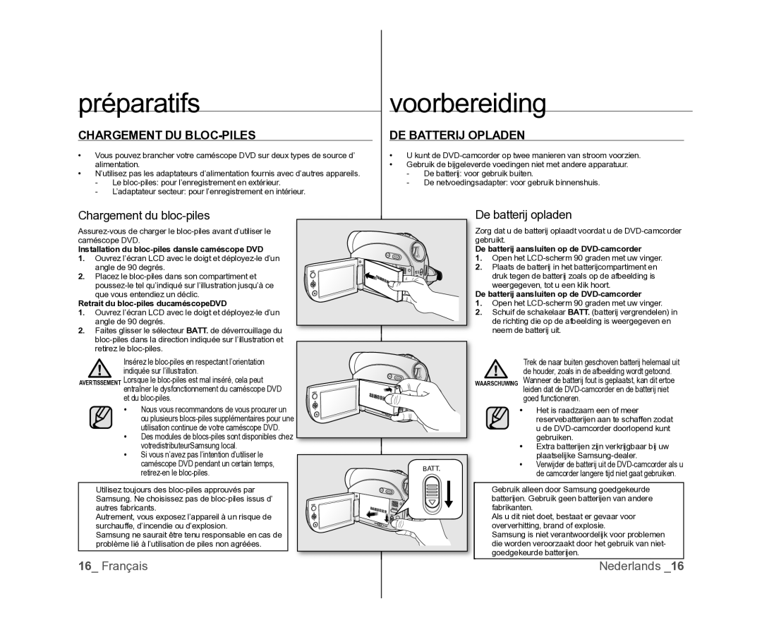 Samsung VP-MX25E/EDC manual Chargement DU BLOC-PILES, DE Batterij Opladen, Chargement du bloc-piles, De batterij opladen 