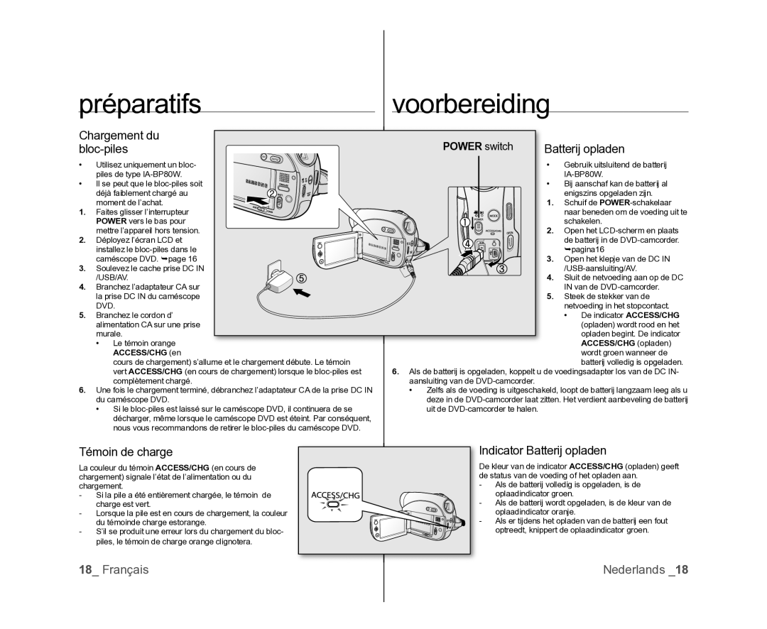 Samsung VP-DX105/XEF manual Chargement du, Bloc-piles Batterij opladen, Témoin de charge, Indicator Batterij opladen 