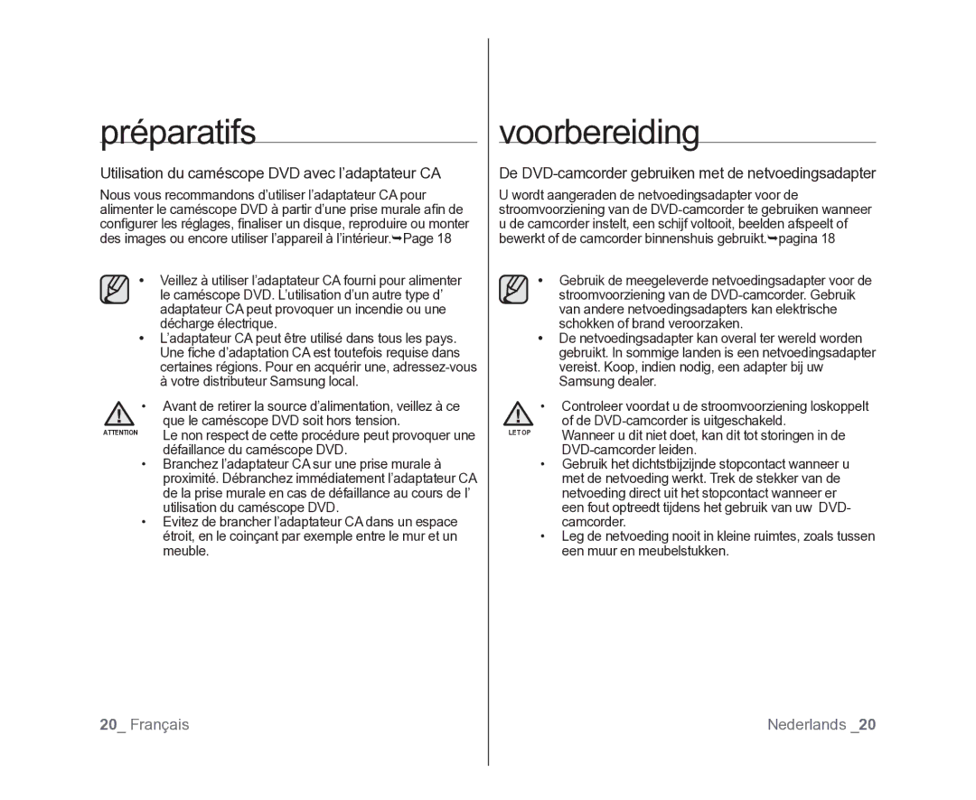 Samsung VP-DX100/XEF Utilisation du caméscope DVD avec l’adaptateur CA, Défaillance du caméscope DVD, DVD-camcorder leiden 