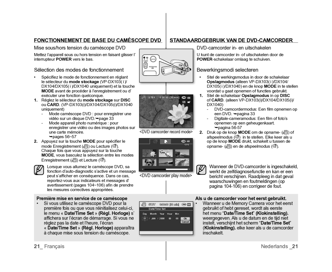 Samsung VP-DX105/XEF, VP-MX25E/EDC, VP-DX100/XEF manual Sélection des modes de fonctionnement, Bewerkingsmodi selecteren 