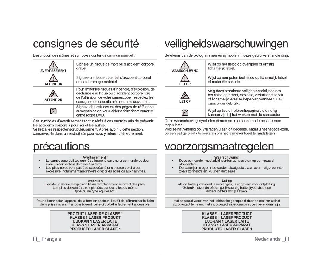 Samsung VP-DX105/XEF, VP-MX25E/EDC Consignes de sécurité, Précautions, Veiligheidswaarschuwingen, Voorzorgsmaatregelen 