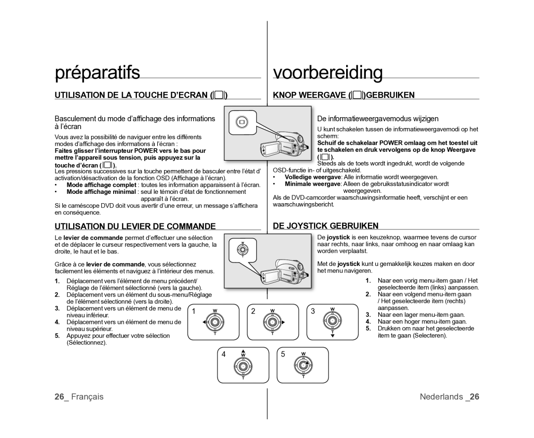 Samsung VP-DX100/XEF manual Utilisation DE LA Touche D’ECRAN, Utilisation DU Levier DE Commande, Knop Weergave Gebruiken 