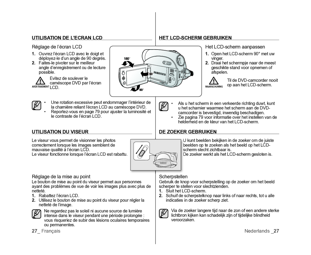 Samsung VP-DX105/XEF manual Utilisation DE L’ECRAN LCD HET LCD-SCHERM Gebruiken, Utilisation DU Viseur DE Zoeker Gebruiken 