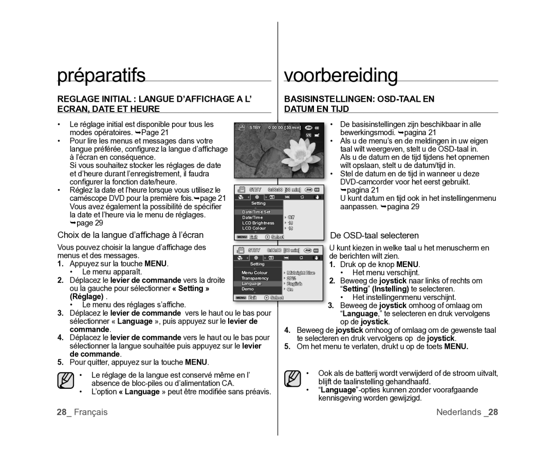 Samsung VP-MX25E/EDC, VP-DX105/XEF, VP-DX100/XEF manual Choix de la langue d’afﬁ chage à l’écran, De OSD-taal selecteren 