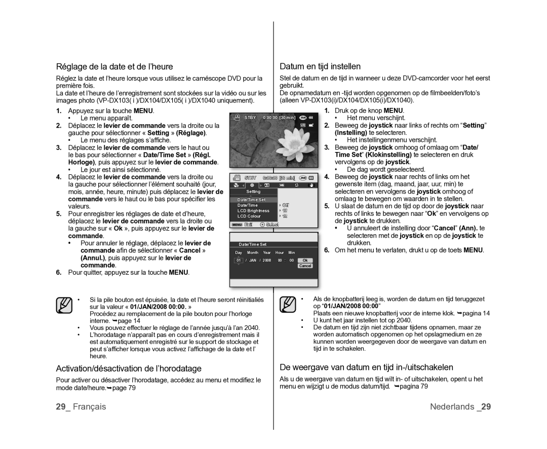 Samsung VP-DX100/XEF Réglage de la date et de l’heure, Datum en tijd instellen, Activation/désactivation de l’horodatage 