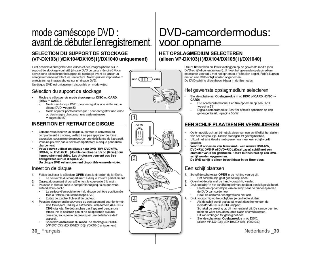 Samsung VP-DX105/XEF, VP-MX25E/EDC manual Mode caméscope DVD DVD-camcordermodus, Voor opname, Insertion ET Retrait DE Disque 