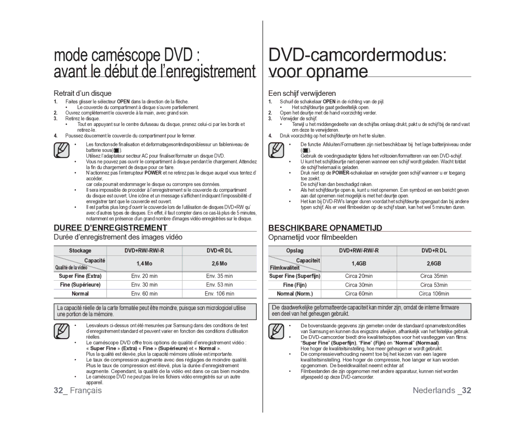 Samsung VP-DX100/XEF, VP-DX105/XEF, VP-MX25E/EDC manual Duree D’ENREGISTREMENT, Beschikbare Opnametijd 