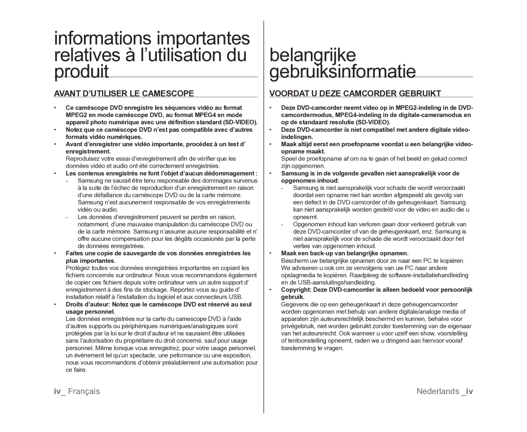 Samsung VP-MX25E/EDC, VP-DX105/XEF, VP-DX100/XEF manual Avant D’UTILISER LE Camescope, Voordat U Deze Camcorder Gebruikt 